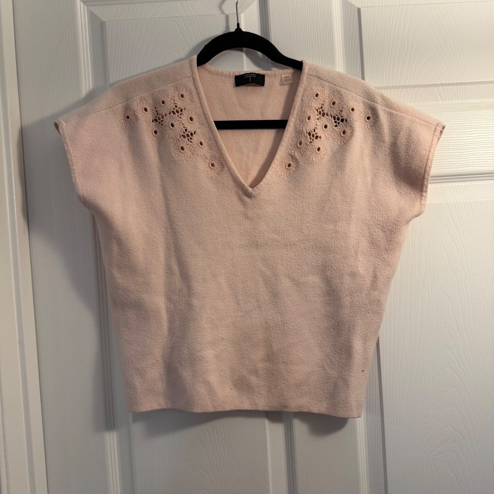 Tahari Sweater Vest Pink Medium Boho Eyelet Knit Work Office Casual